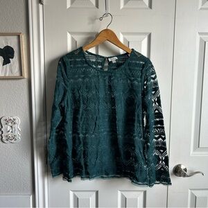 Garnet Hill green lace sonata embroidered long sleeve layering blouse
